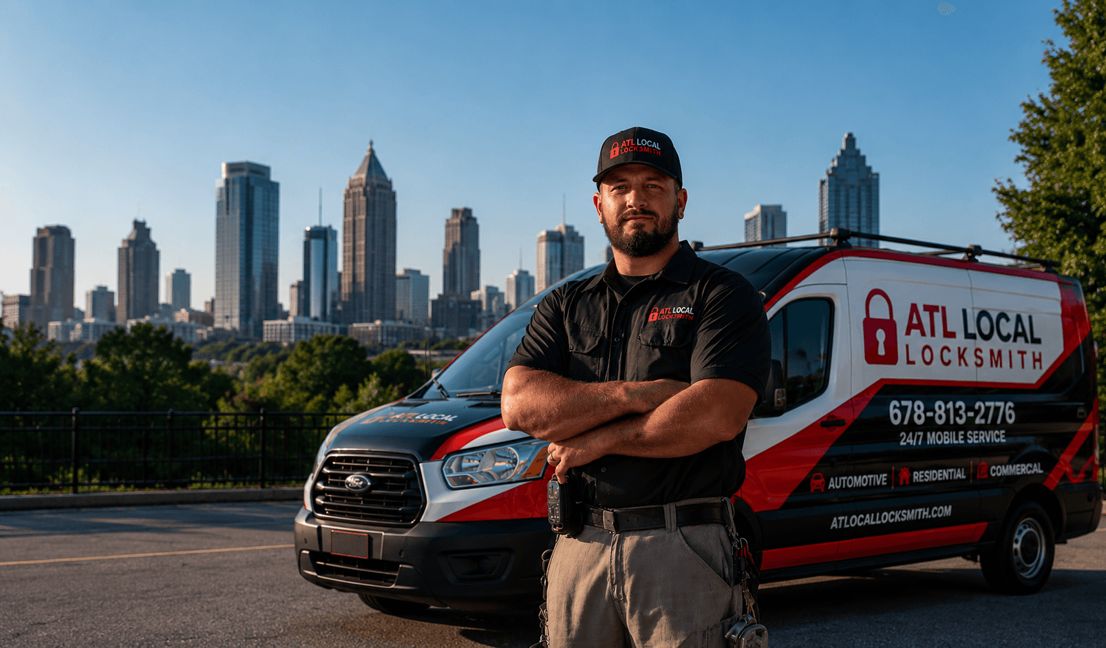 ATL Local Locksmith technician standing beside a branded mobile locksmith van in Atlanta